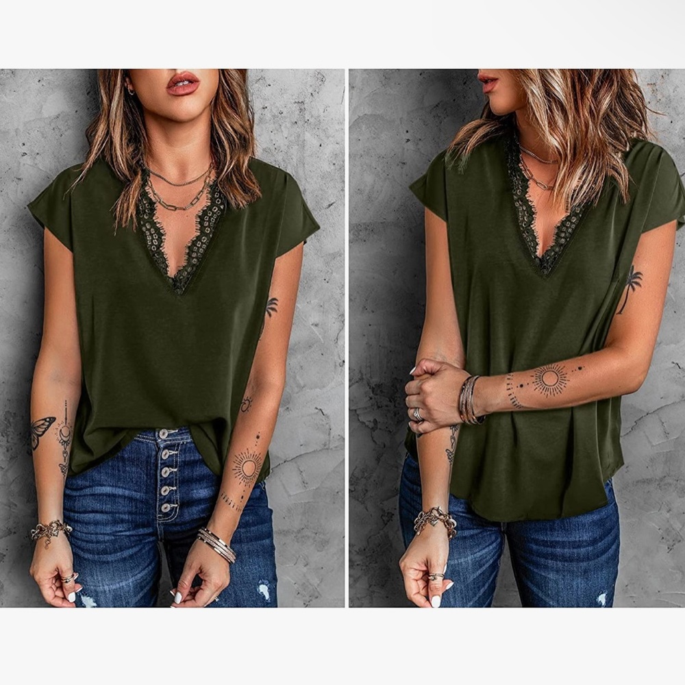 Lime Flare Dressy Lace Trim Blouse